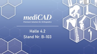 Die Grafik zeigt das mediCAD Logo inkl. Slogan „Premium Solution for Orthopedics“ sowie die Standnummer. Die Grafik zeigt das mediCAD Logo inkl. Slogan „Premium Solution for Orthopedics“ sowie die Standnummer.